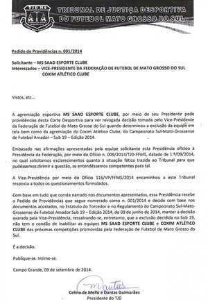 TJD-MS mantém decisão que exclui Coxim e MS Saad do estadual sub-19