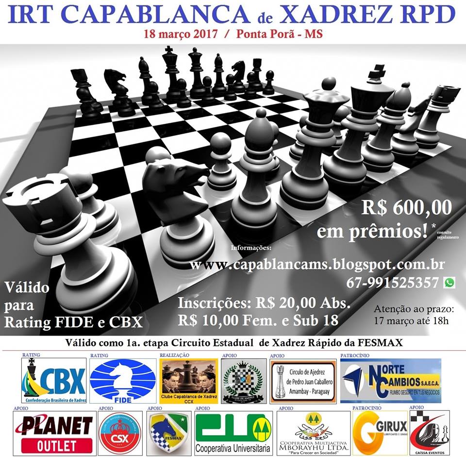 Ponta Porã recebe IRT Capablanca de Xadrez em março