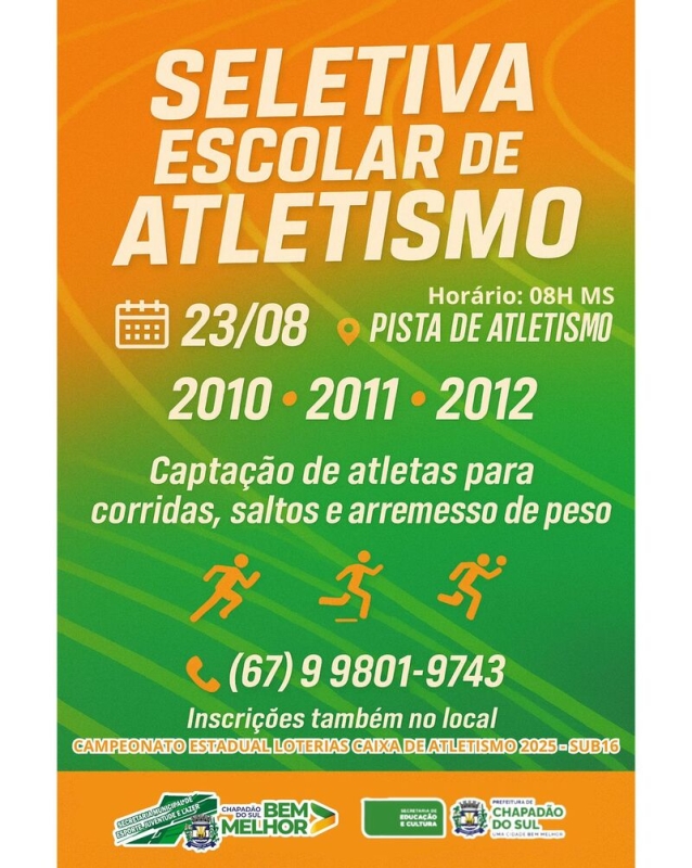 Chapadão do Sul realizará Seletiva Escolar de Atletismo no dia 23 de agosto