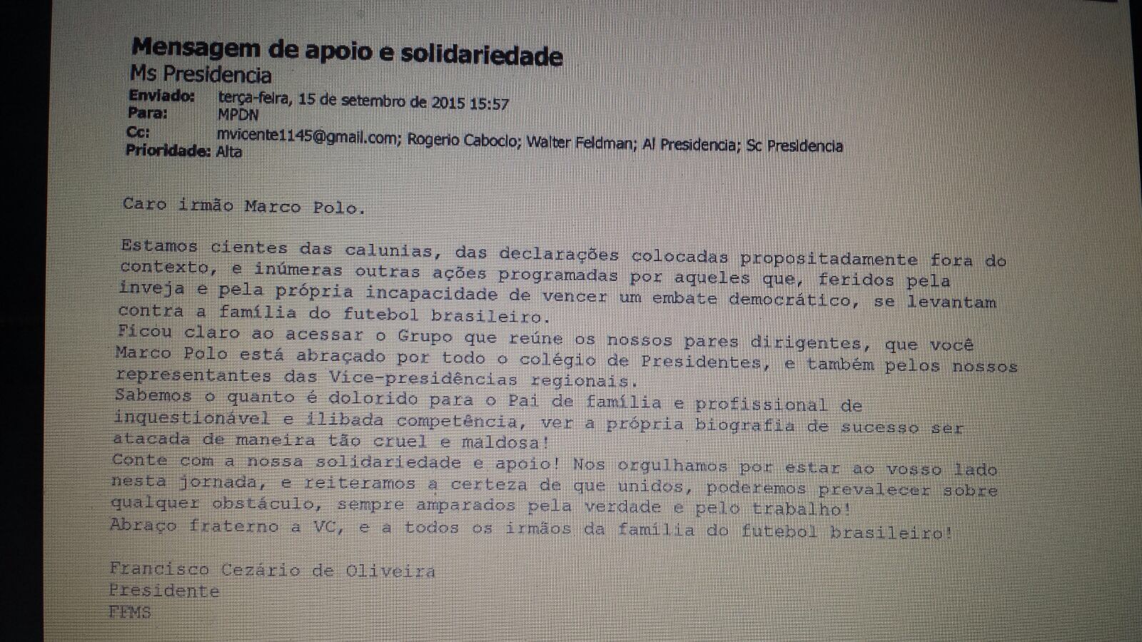 Segundo Blog presidente da FFMS manda mensagem de apoio ao pressionado Del Nero
