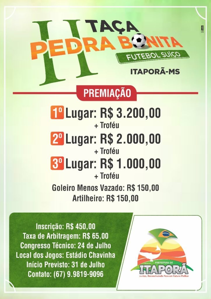 Taça Pedra Bonita de futebol suíço movimentará Itaporã no mês de agosto