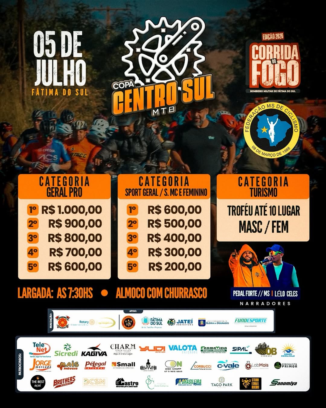 Corrida do Fogo 2026 movimenta Fátima do Sul com etapa da Copa Centro Sul MTB